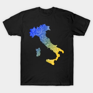 Colorful mandala art map of Italy with text in blue and yellow T-Shirt